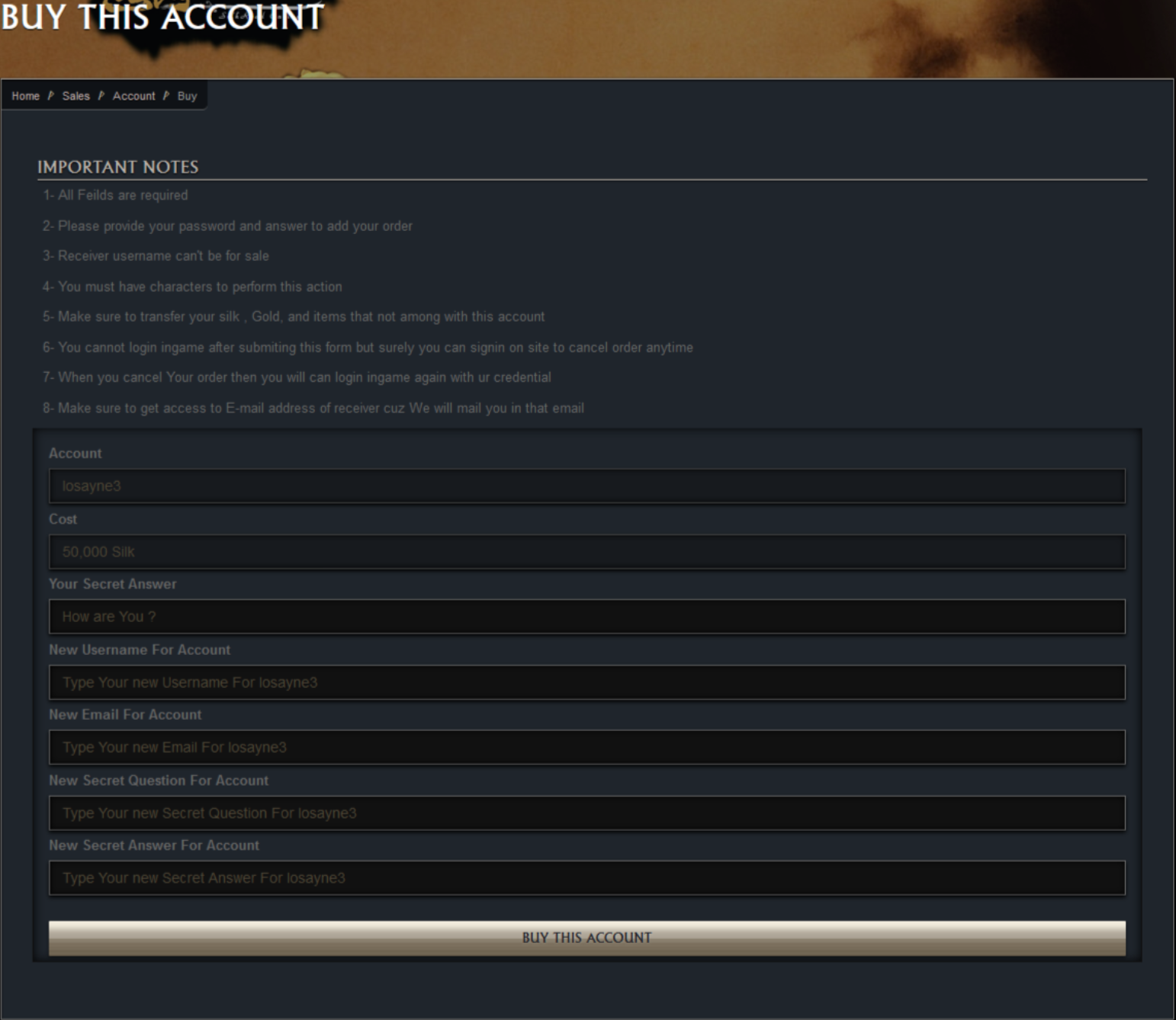 Online Selling Account Feature